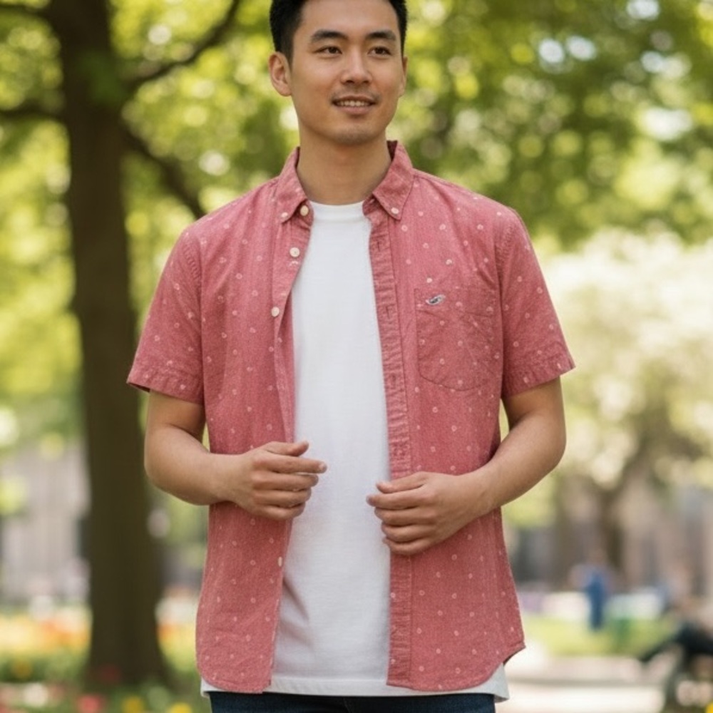 Hollister Men's Short Sleeve Dark Pink Shirt